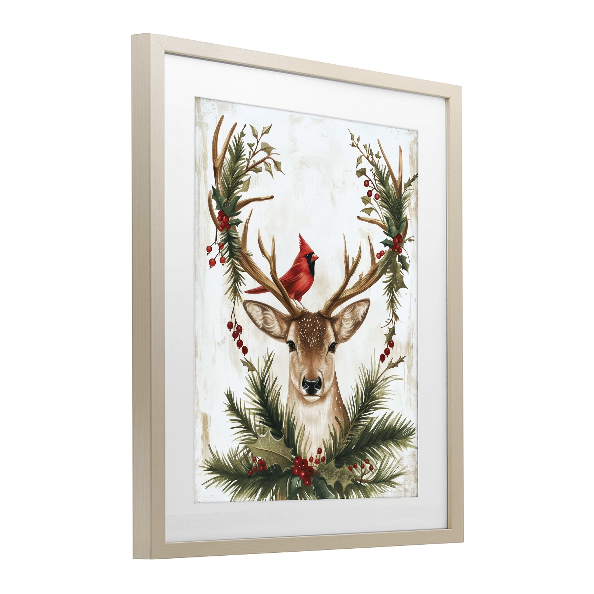 Stupell Industries Cardinal & Deer with Festive Flora Birch Framed Print Under Glass, design by Acorn & Ivory Designs