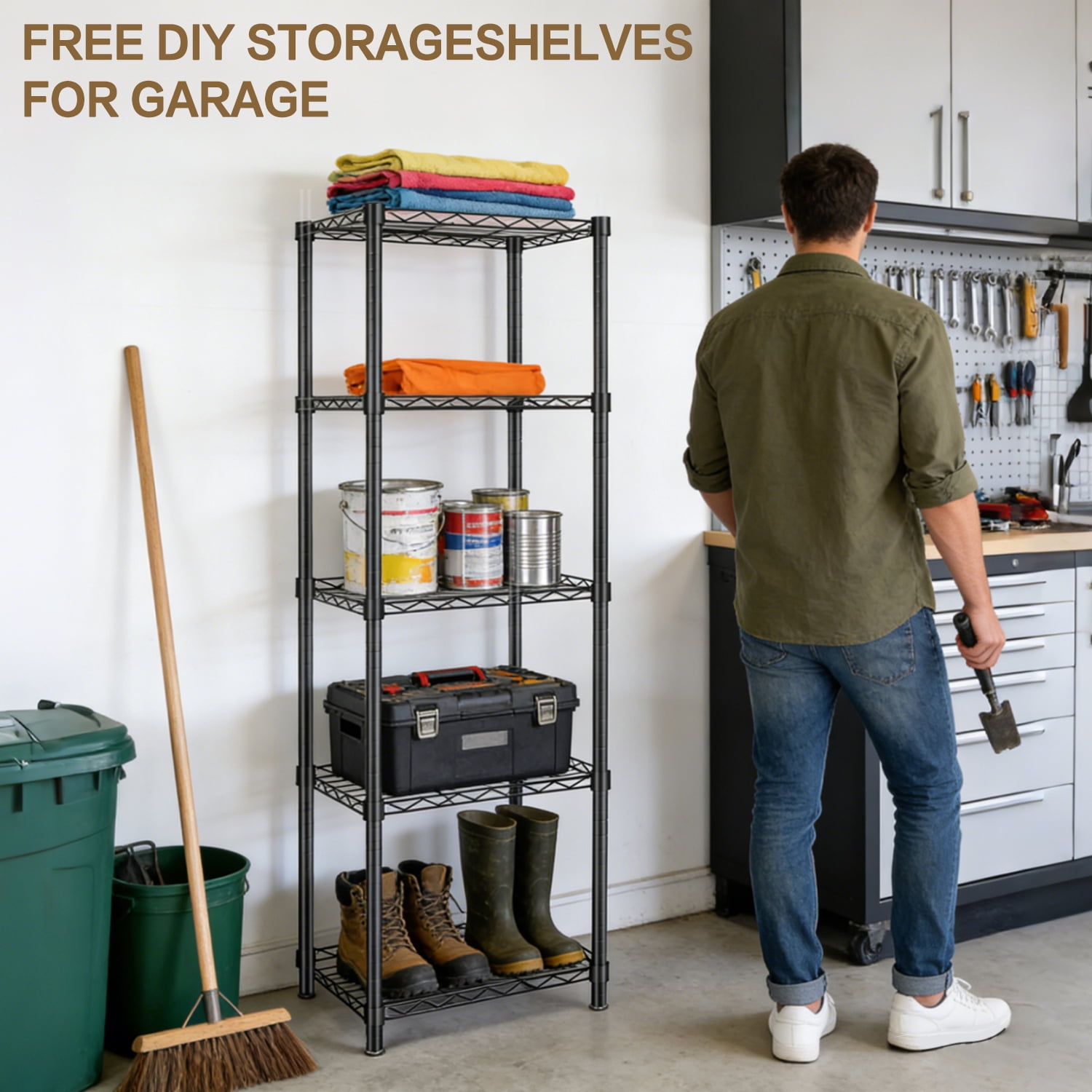 TAIMASI 5-Tier Metal Storage Shelves, Adjustable Black Organizer Rack with Leveling Feet, 11.8"D x 16.6"W x 53.5"H Storage Shelves for Pantry, Kitchen, Laundry, Bathroom Closet
