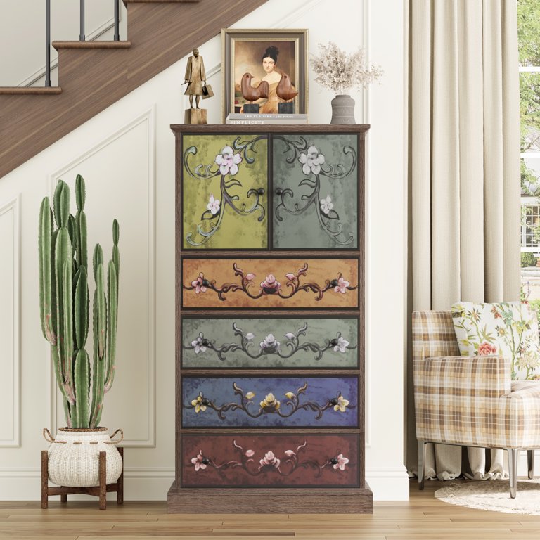 cute vintage dresser Homfa 50″ Tall Dresser with 4 Drawers, Boho Vintage Dresser with 2 Doors,  Wood Drawers Chest for Bedroom Living Room Entryway