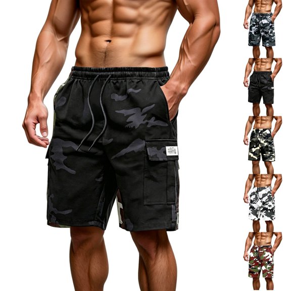 Domuza Cargo Shorts for Men Elastic Waist Summer Casual Drawstring Work Hiking Outdoor Shorts with Multi-Pocket Black XL
