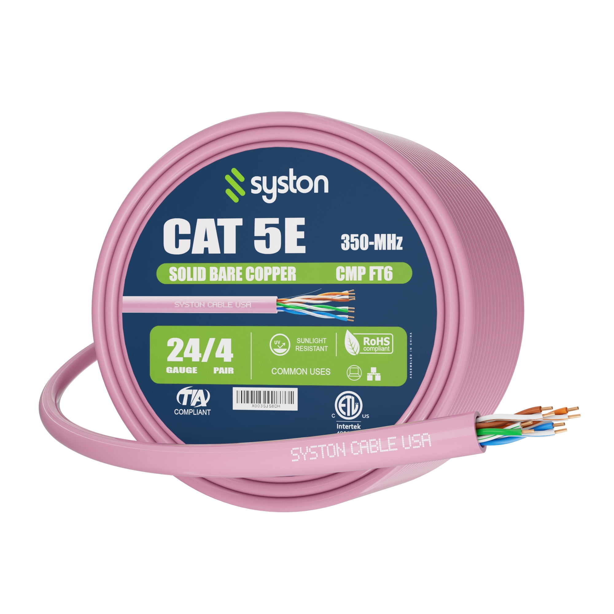 SYSTON CABLE TECHNOLOGY Cat 5E Ethernet Network Cable - 250 FT, 350MHz 24AWG Solid Bare Copper Wire Outdoor/Indoor, Bulk No Ends 10 Ft to 1000 Ft Available, Heat Resistant Plenum Rated - CMP Pink