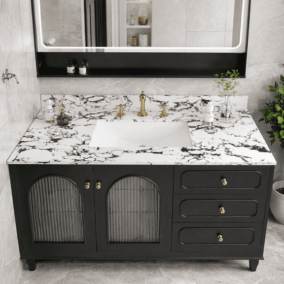 43"x22" Bathroom Vanity Top, with Undermount Ceramic Sink and Backsplash, artificial marble Bathroom Vanity Top with 3 Faucet Holes, New Carrara white and black (only Bathroom Vanity Top)