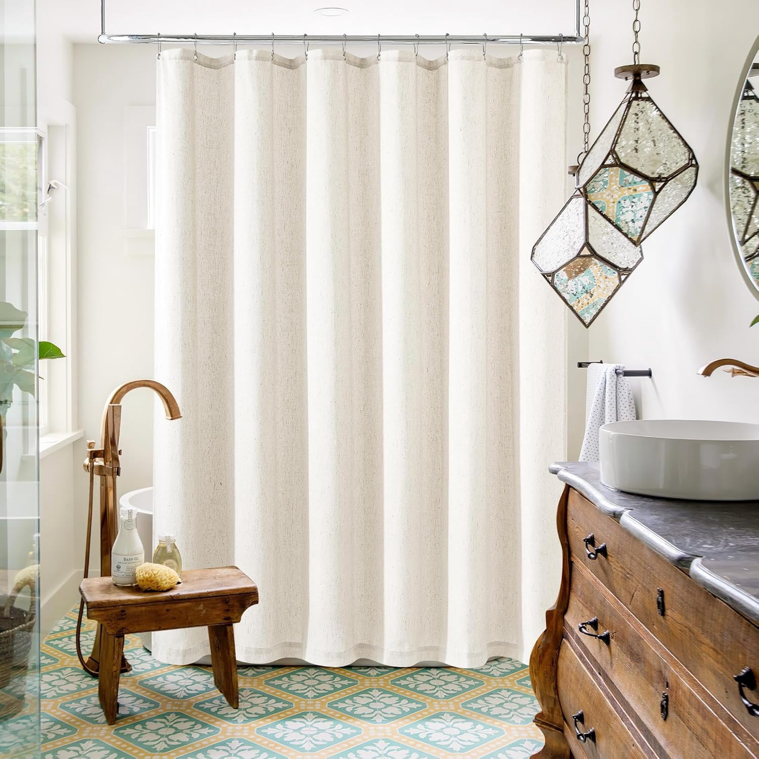 Cream Linen Shower Curtain 80 Inches Long Cloth Fabric Shower Curtain for Bathroom Neutral Hotel Bathtub Luxury Water Repellent Extra Long 80 Inch Drapes Set with Hooks Ivory Birch, 72x80