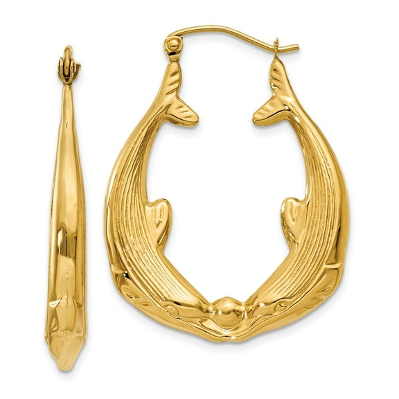 Real 14kt Yellow Gold Polished Dolphin Hoop Earrings; for Adults and Teens; for Women and Men