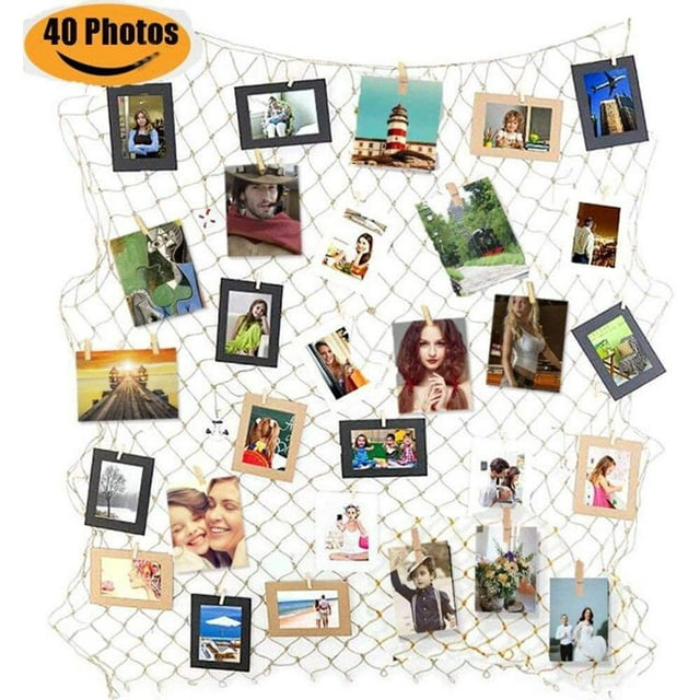 Photo Hanging Display Fishing Net Picture Frame Collage Photo Frame Wooden Picture Frame With Mini Clothes Pegs For Hanging Photos, Pictures, Postcards And Art