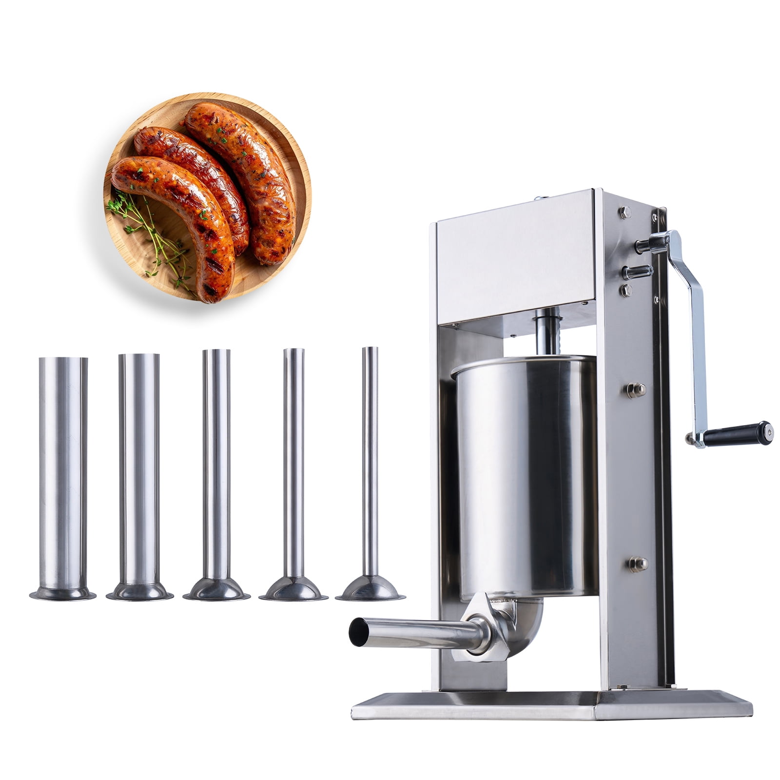 KFFKFF Hand-Operated Sausage Filler, 10 L / 22 LBS Upright Meat Filler, Two-Speed, Constructed with 304 Stainless Steel, Comes with 5 Filling Nozzles, Suitable for Domestic and Commercial Kitchens