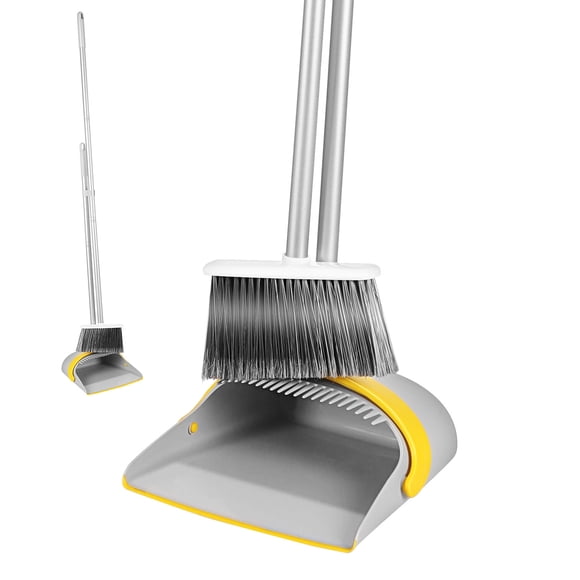 Eyliden Broom and Dustpan Set Bristles Upright Stand Up Light Weight Long Handle Broom Comb Indoor Outdoor Perfect For Home Kitchen Room Office Lobby Floor Pet Hair Rubbish 51" Broom Gray