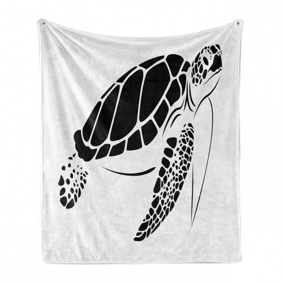 Turtle Soft Flannel Fleece Blanket, Monochrome Graphic Illustration of a Swimming Caretta Caretta on Plain Backdrop, Cozy Plush for Indoor and Outdoor Use, 60" x 80", Black and White, by Ambesonne