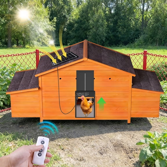 Automatic Chicken Coop with Solar-Powered Door, Weatherproof Hen House with 2 Nesting Boxes, Timer & Light Sensor, Poultry Pet Hutch with Pull-Out Tray