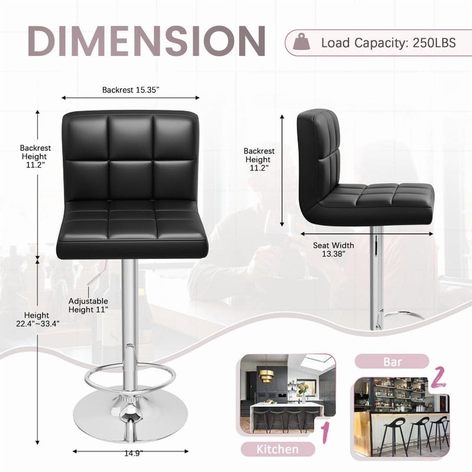 Homall Bar Stools Set of 2 Modern PU Leather Hydraulic Kitchen Counter Square Island Height Adjustable Swivel Barstool with Back, Black