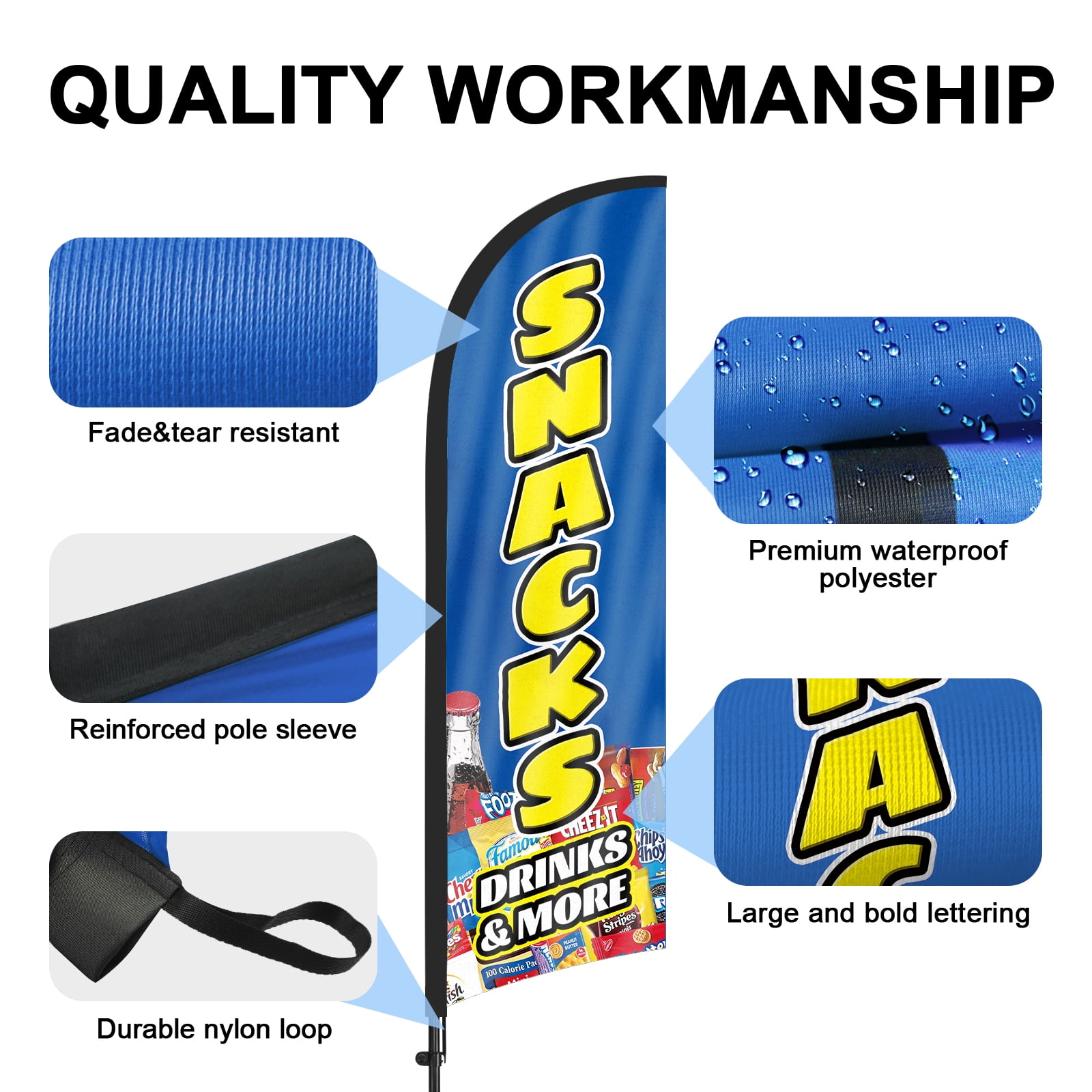 QSUM Snacks And Beverages Feather Flag with Flag Pole Kit and Ground Spike, 8.2FT Snacks And Beverages Windless Flag Banner Sign Business for Outdoor Advertising Sign Decoration Display