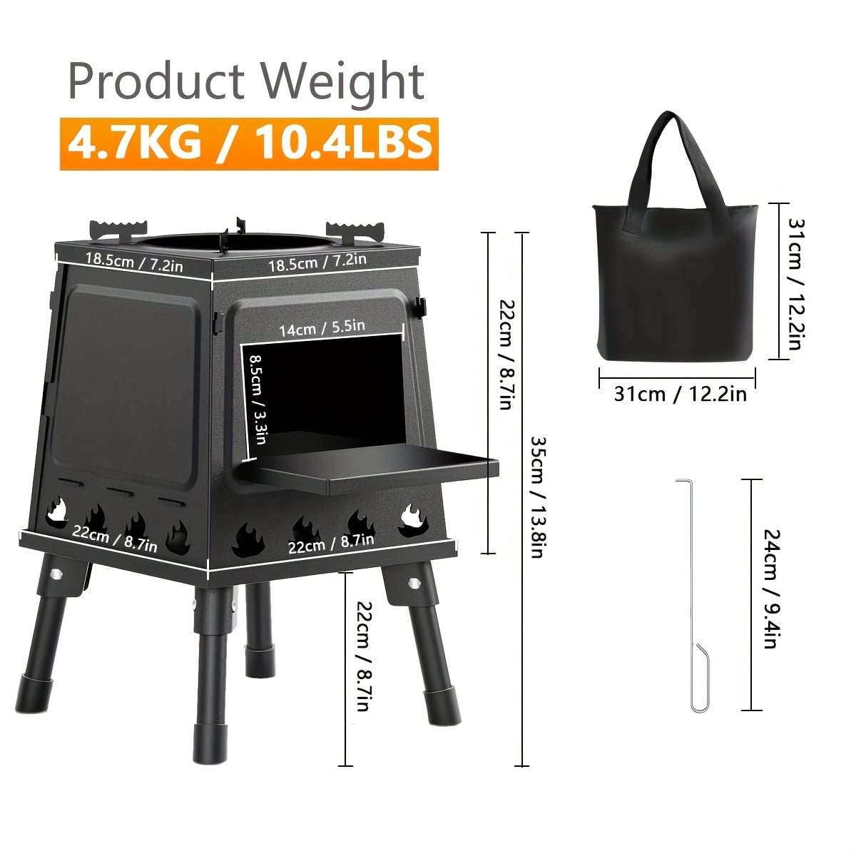 Portable Cast Iron Wood Burning Camp Stove - Heavy-Duty Outdoor Cookstove & Heater, Chimney/Air Vents/Sturdy Legs, Firewood/Charcoal Compatible, No Electricity, for Camping/Hiking/Picnic/BBQ