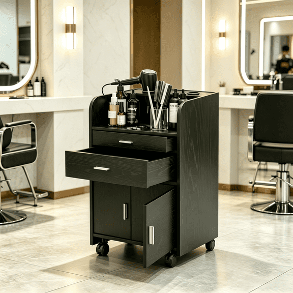 DreamCurship Salon Storage Cabinet, Hair Station with Wheels, 2 Tool Holders, 2 Drawers, 1 Cabinet, Salon Station Rolling Cart for Hair Stylist Beauty Spa Barbershop, Black