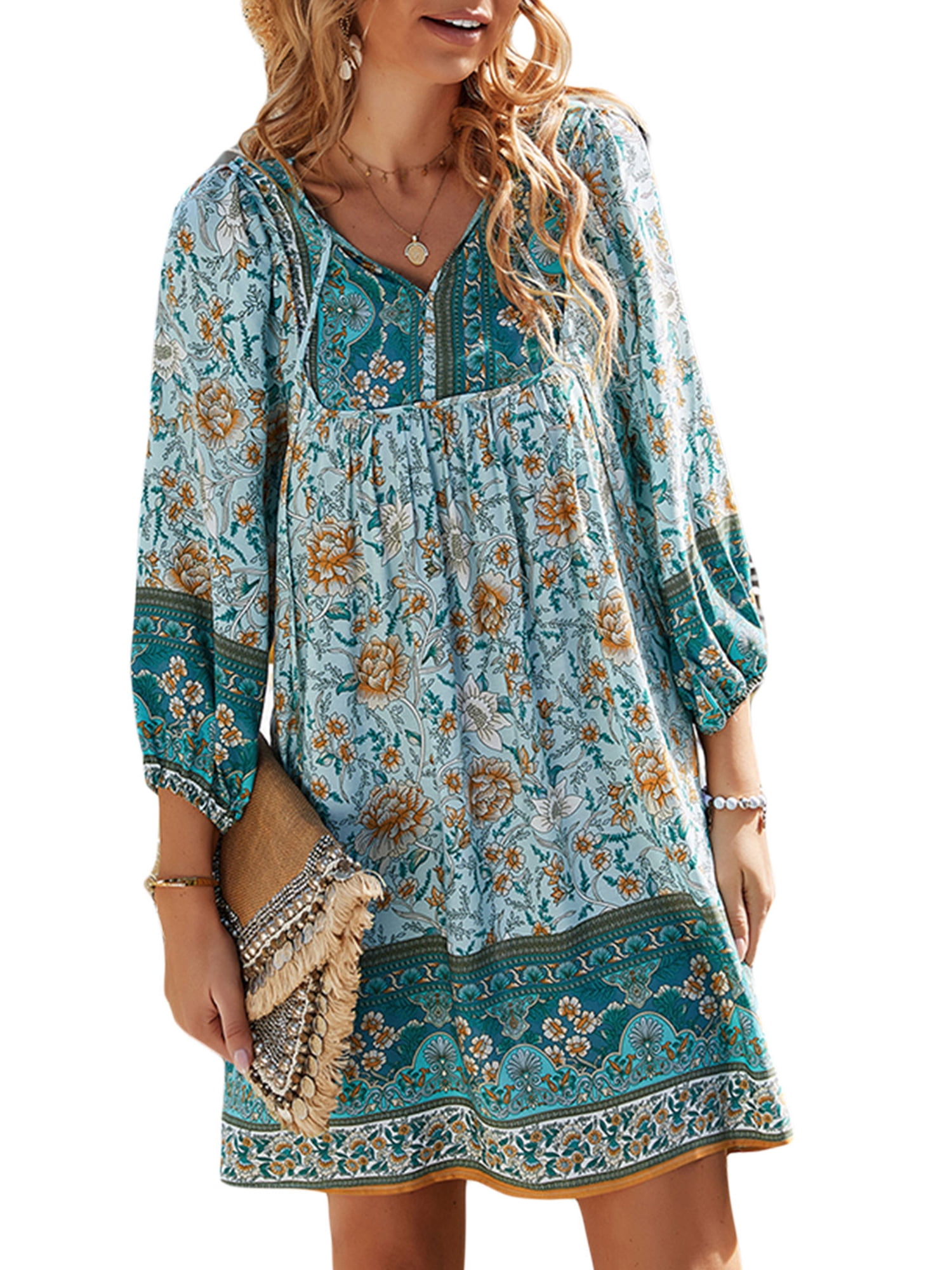 Women's Casual Bohemian Vintage Print V Neck Ethnic Style Summer Shift  Dress Summer Beach Dress - Walmart.com