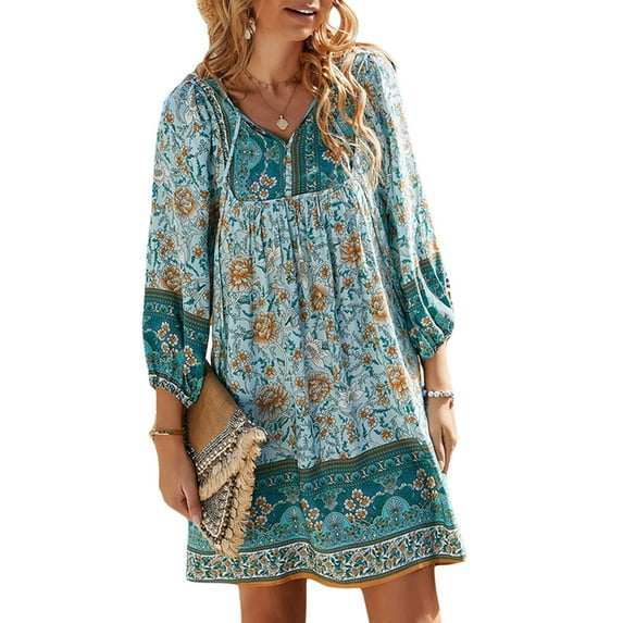 Aunavey Women's Boho Dress Summer Mini Floral 3/4 Sleeve V Neck Flowy Loose Casual Beach Dresses