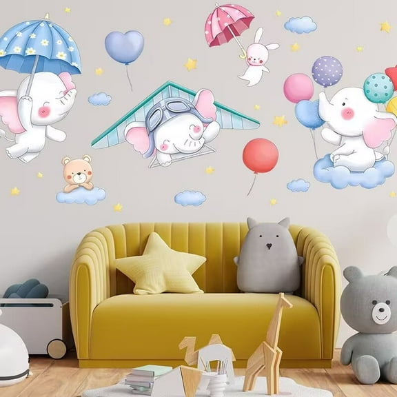 Cartoon animal wall stickers, elephant and balloon decals, elephant stickers, balloon wall stickers Wallpaper Peel and Stick Watercolor Nature Vine Wall Art for Bedroom Living Room