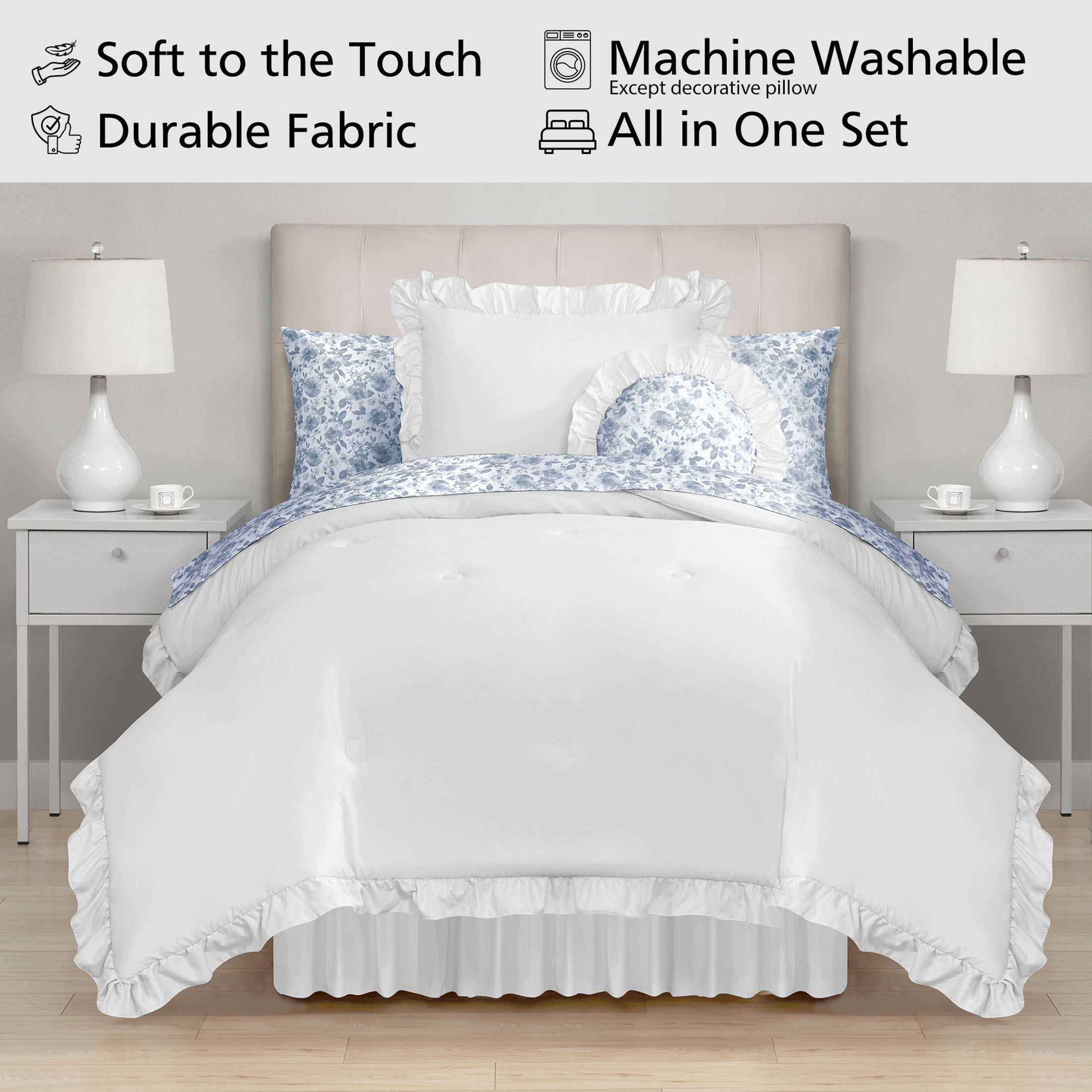 Mainstays All in One Reversible Comforter and Sheet Set- 8 Piece, Twin, White and Blue Ruffle