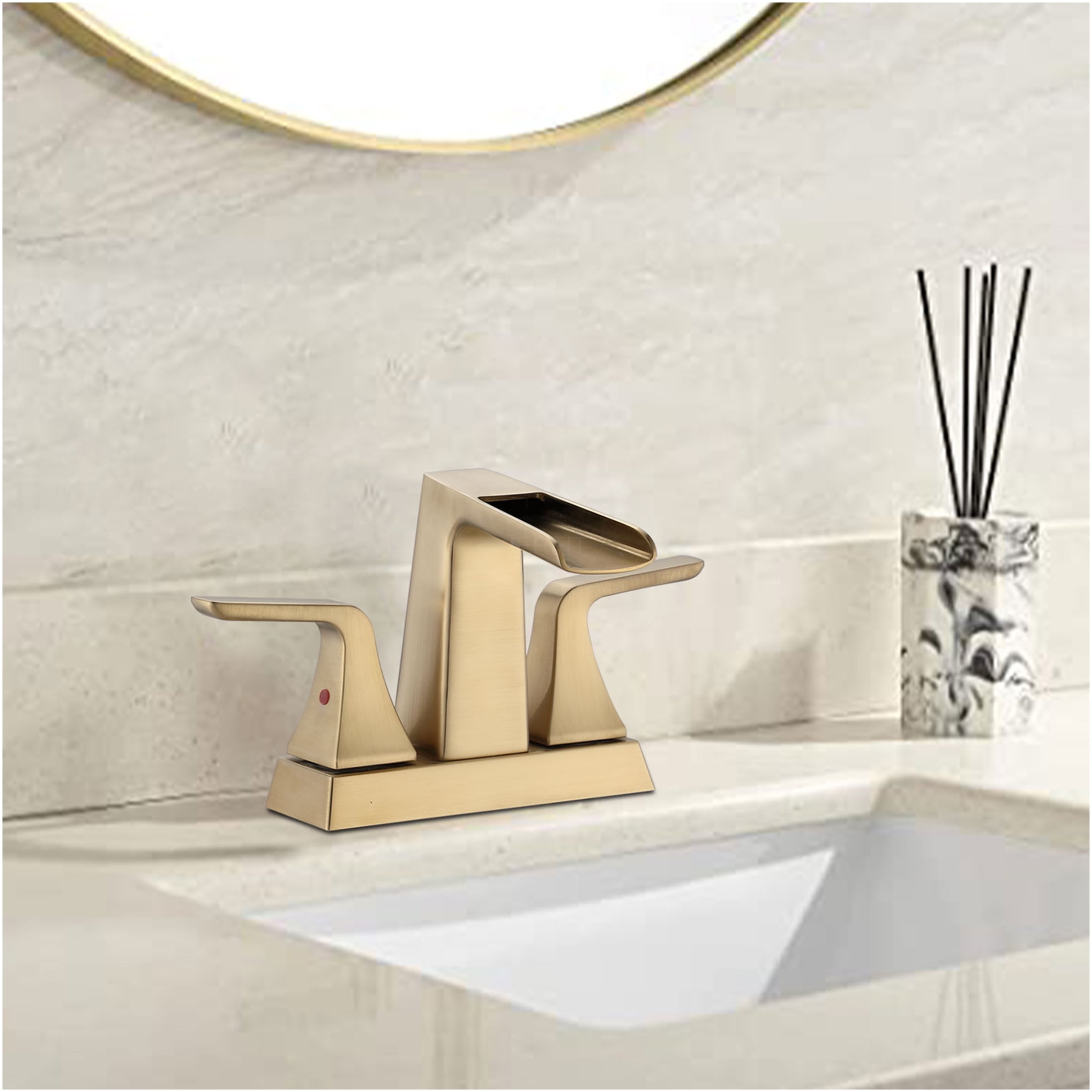 JERFIT 4-inch Centerset Bathroom Faucet with Waterfall Spout, 2-Handle Brushed Gold Brass Vanity Sink Faucet for Bathroom Sink