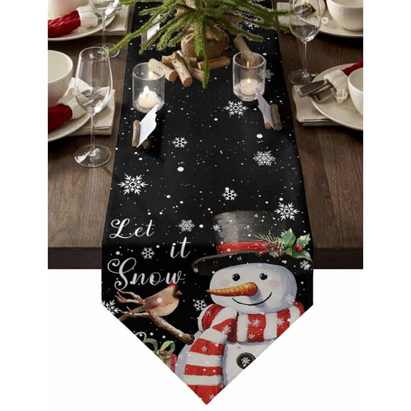Table Runner Dresser Scarves Christmas Watercolor Cute Snowman Cotton Linen Burlap Table Cover Winter Snowflake on Black Table Runners for Family Kitchen Dining Holiday Party Banquet Decor