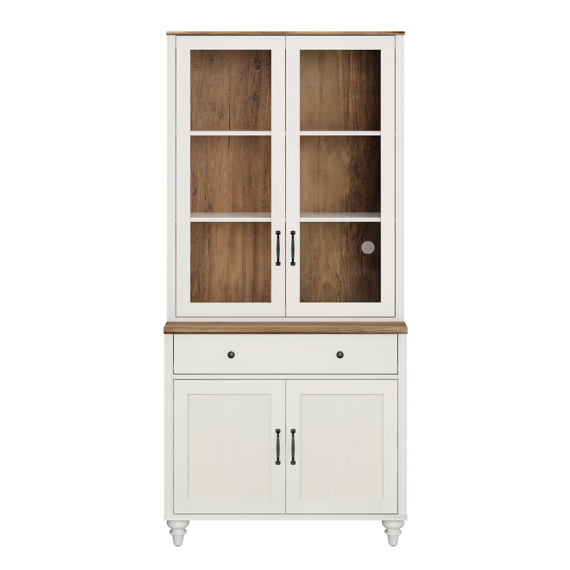 72"H × 34"W 5-Tier Farmhouse Wooden Library Bookcase with Glass Doors & Spacious Storage Cabinet, Freestanding Bookshelf for Living Room, Office & Kitchen, White