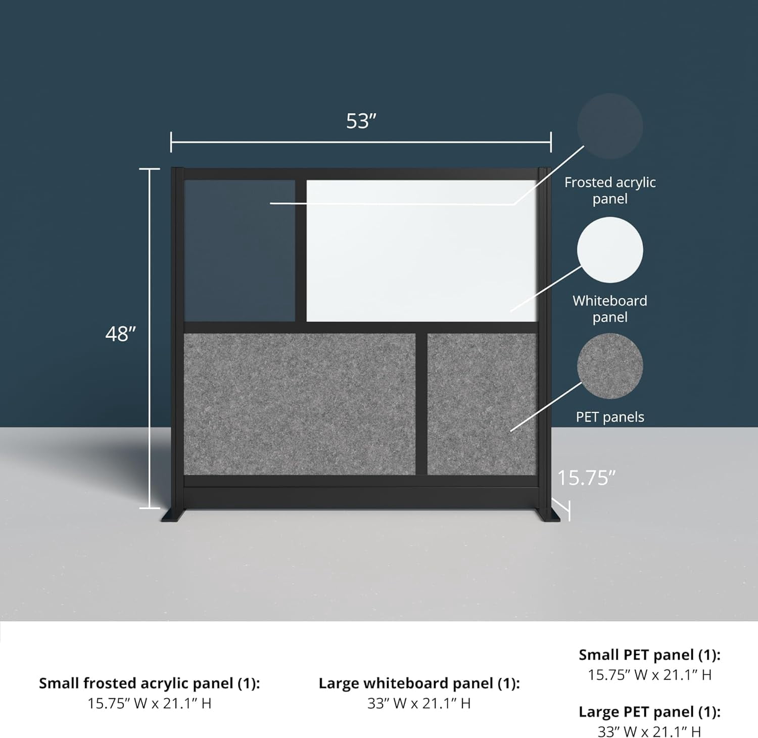 Stand Up Desk Store Workflow Modular Wall | 53'' x 48'' Wall | Expandable Partition Room Divider with Rearrangeable Frosted Acrylic, Sound Absorbent and Whiteboard Panels (Black Frame)