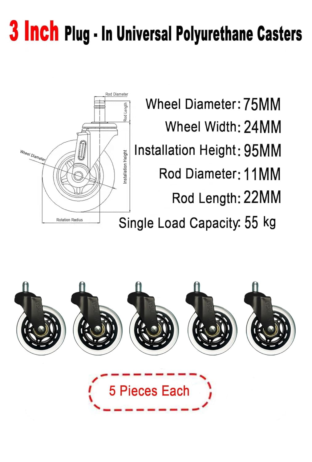 ATruck Office Chair Wheels, Smooth Silent Casters for Hardwood & Carpet, PU Polymer, Set of 5 (Black, 3 Inches)
