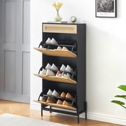 Natural Rattan 4 Flip Door Shoe Cabinet Organizer Freestanding, Shoe Rack Storage Cabinet for Entryway with 3-Tier Adjustable Shelves for Slippers, Sneakers, Heels, Boots