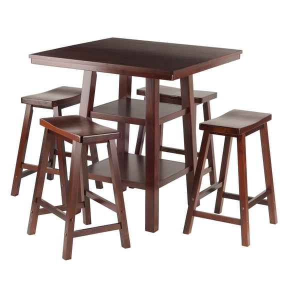 Winsome Wood Orlando 5-Pc Set, High Table with 2 Shelves & 4 Saddle Seat Counter Stools, Walnut Finish