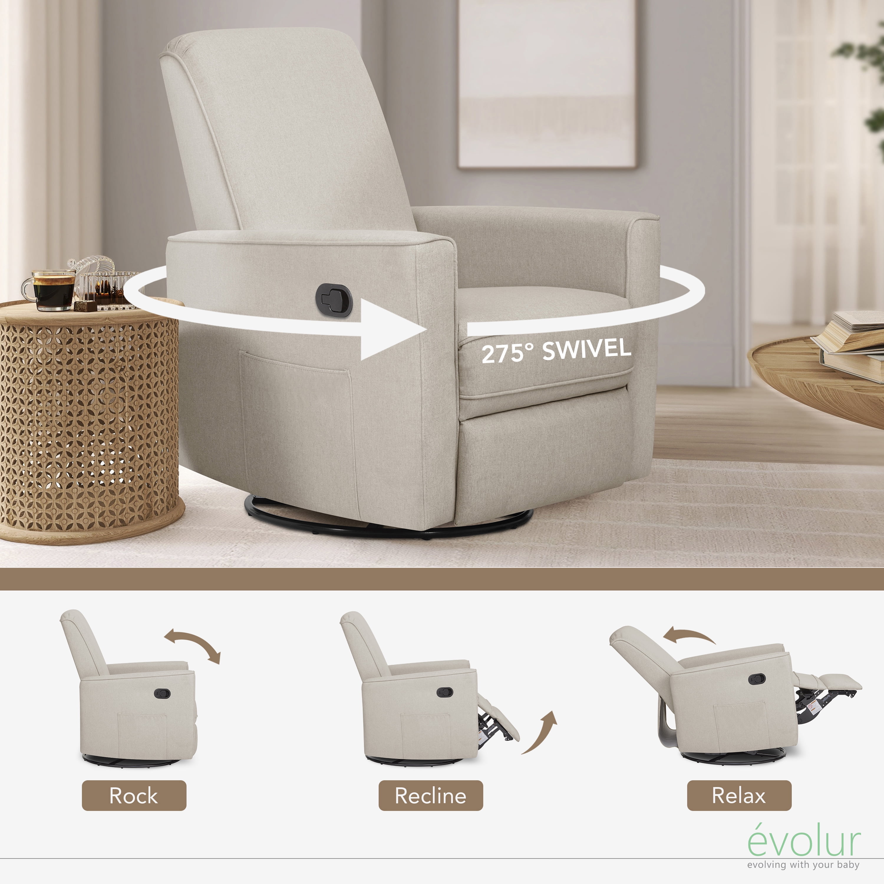 Evolur Raleigh Nursery Glider Recliner and Rocking Chair in Light Sand, 360° Swivel Motion, Multiple Recline Positions, Easy to Clean, FSC and Greenguard Gold Certified