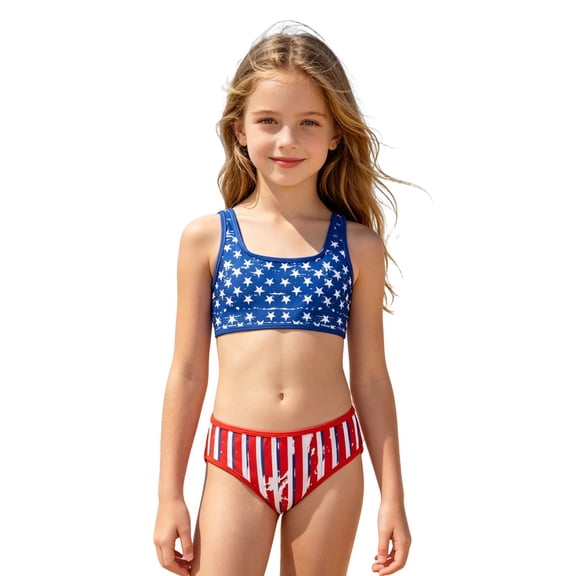 lnmuld Girls 2 Piece Flag Bikini Swimsuit, Stars & Stripes Bathing Suit Color:Blue,Size:13-14 Years