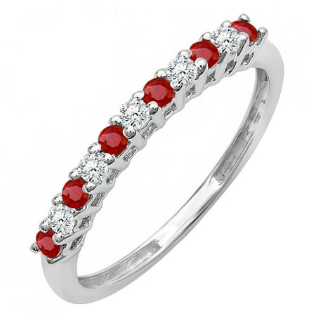 Ruby Gold Wedding Bands - 10K White Gold Round Ruby And White Diamond Anniversary Stackable Wedding Band