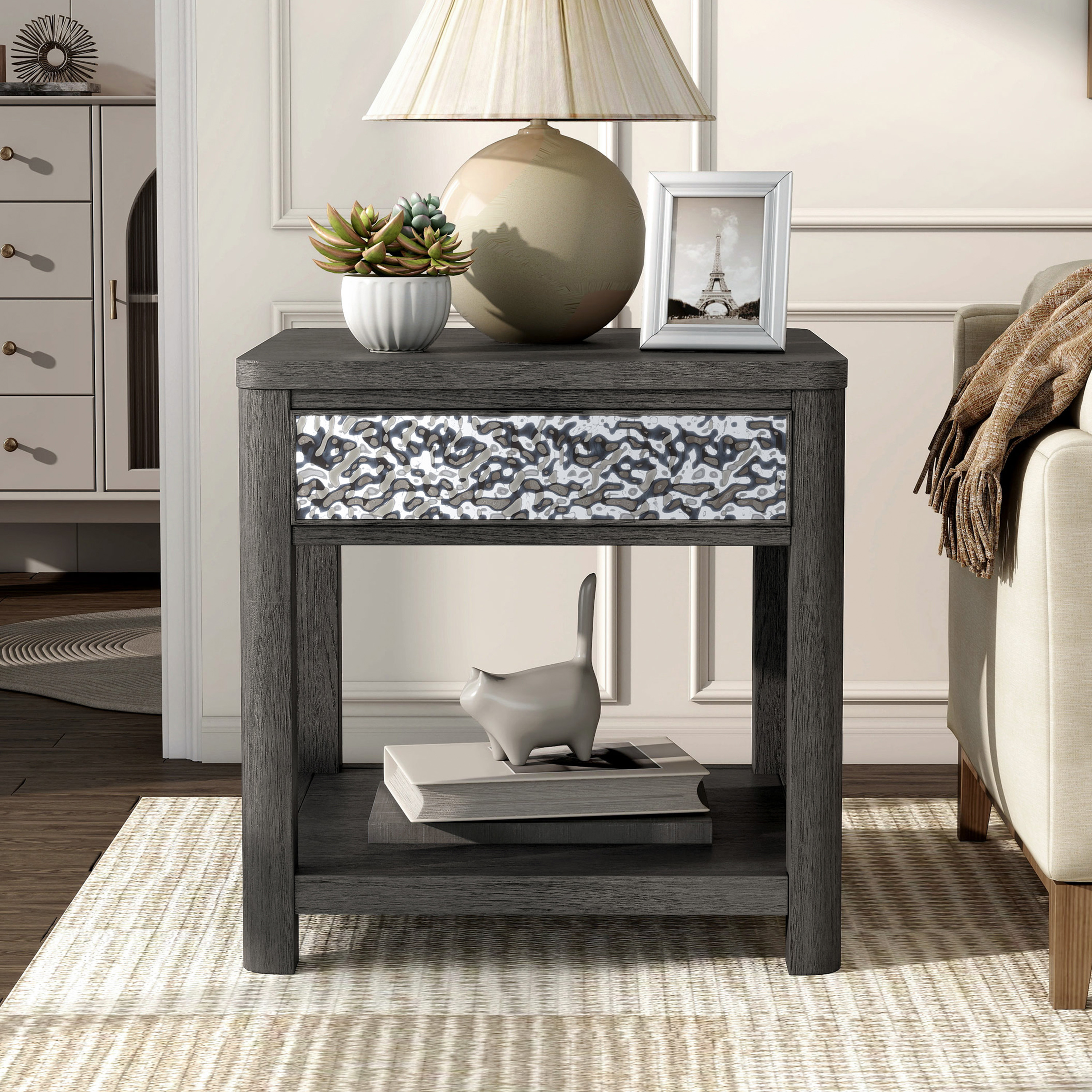 Furniture of America Cheri Modern 1-Drawer Solid Wood End Table, Ash Gray