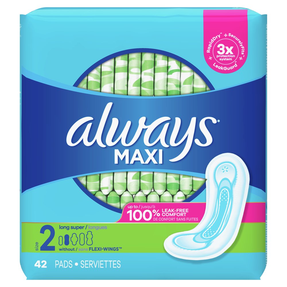 Always Maxi Pads Long Super Absorbency Unscented without Wings, Size 2
