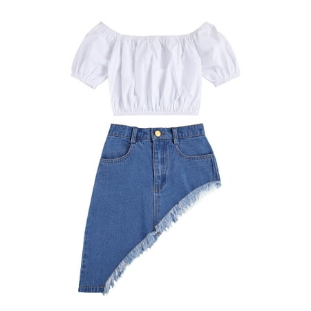

Binpure Baby Girl Off Shoulder Tops Ruffle Hem Denim Pocket Skirt 2 Pieces