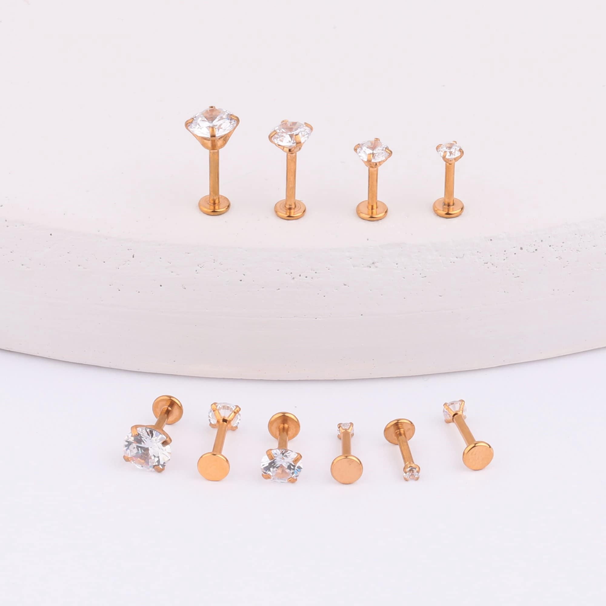ChicBianca Flat Back Stud CZ Earrings, Implant Grade Titanium, Gold & Silver, 4 Pairs