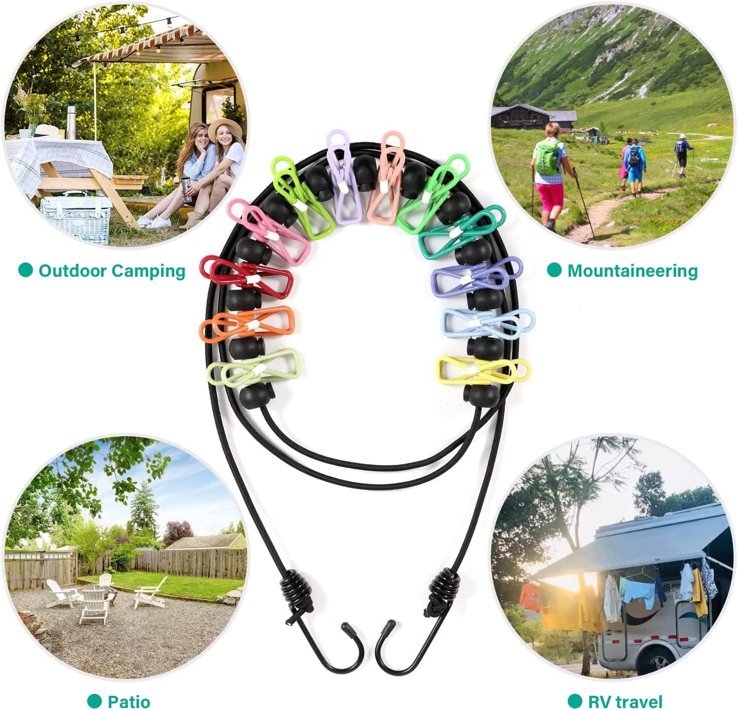 Portable Travel Clothesline, with 12 Colorful Clothespins, Windproof