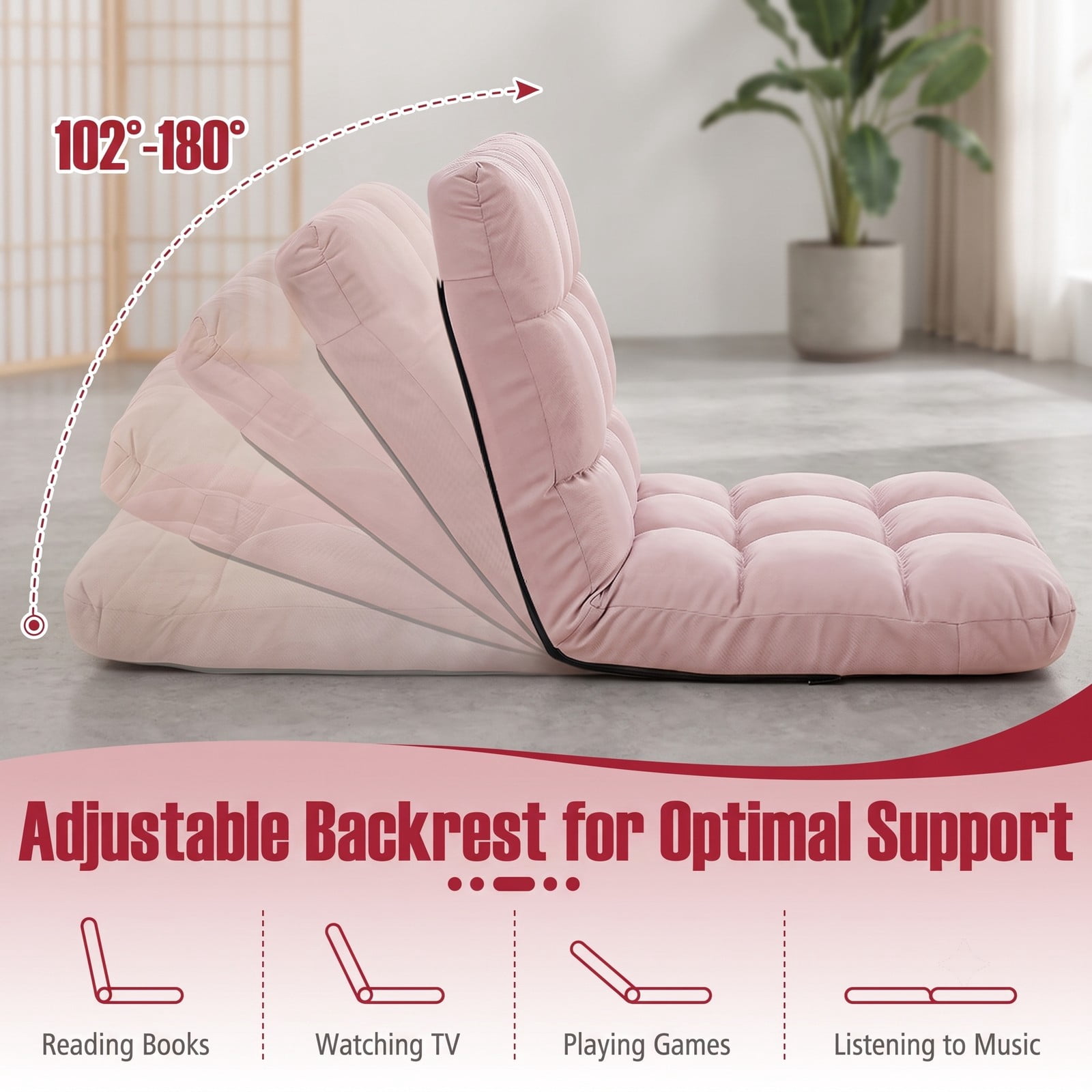 Furnibear 14-Position Adjustable Folding Floor Gaming Chair, Padded Lazy Recliner Sofa with Reclining Backrest for Living Room Bedroom Reading, Light Pink
