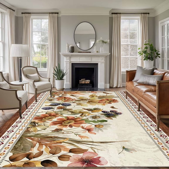 Vintage Floral Area Rug 8x10 Washable Rug Non Slip Elegant Pastoral Botanical Retro Art Large Area Rug Soft Stainresistant Indoor Floor Carpet for Living Room Bedroom Home Office Dining Room Nursery