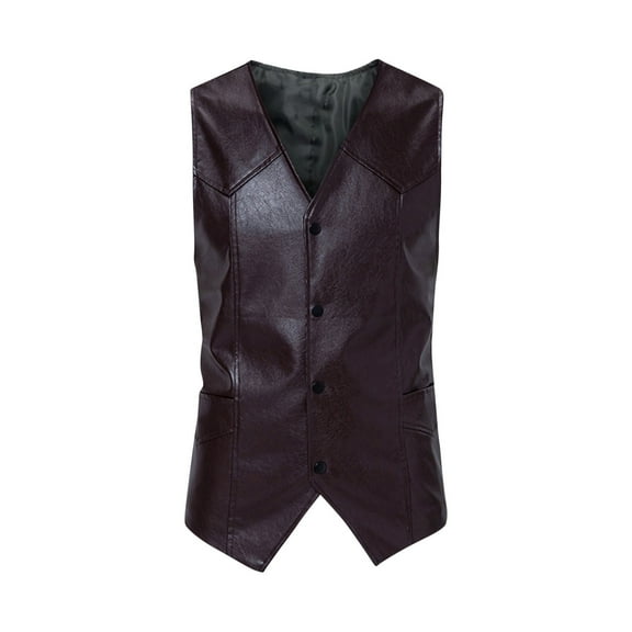 Mens Retro PU Leather Suit Vests Casual Western Single Breasted Pocket Jacket Lightweight V Neck Classic Fit Waistcoat