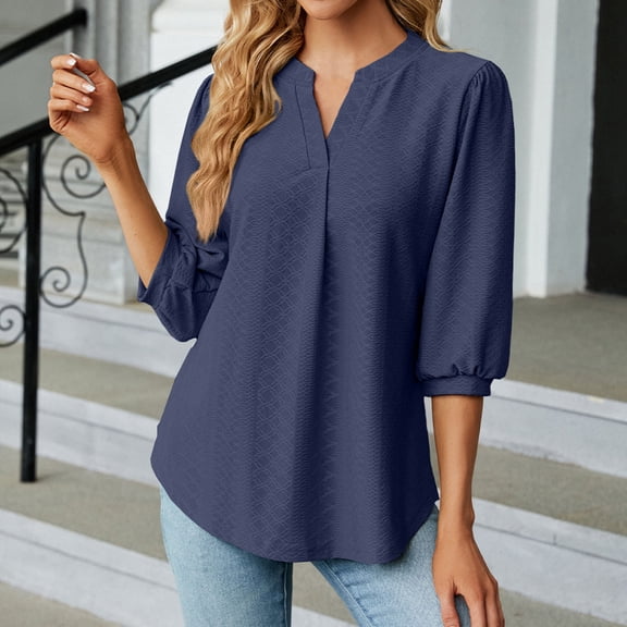 Meichang Notch V Neck T Shirts Women 3/4 Sleeve Solid Shirts Dressy Casual Loose Fit Tunic Tops Summer Business Work Tees Shirts Basic Blouses Navy S