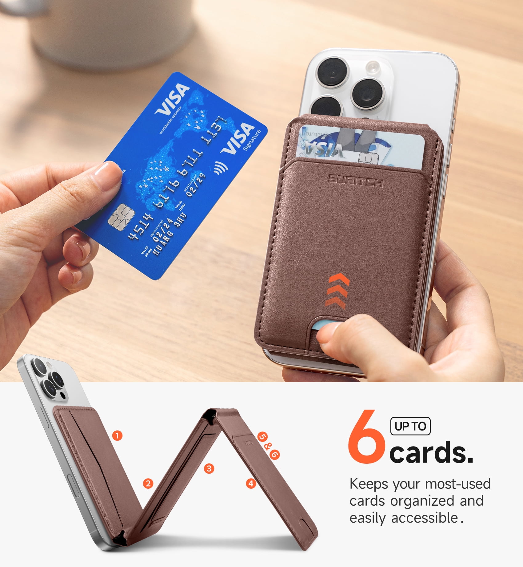 Suritch Magnetic Phone Wallet, Compatible Magsafe Card Holder with RFID Protection for iPhone 16/15/14/13/12, Brown