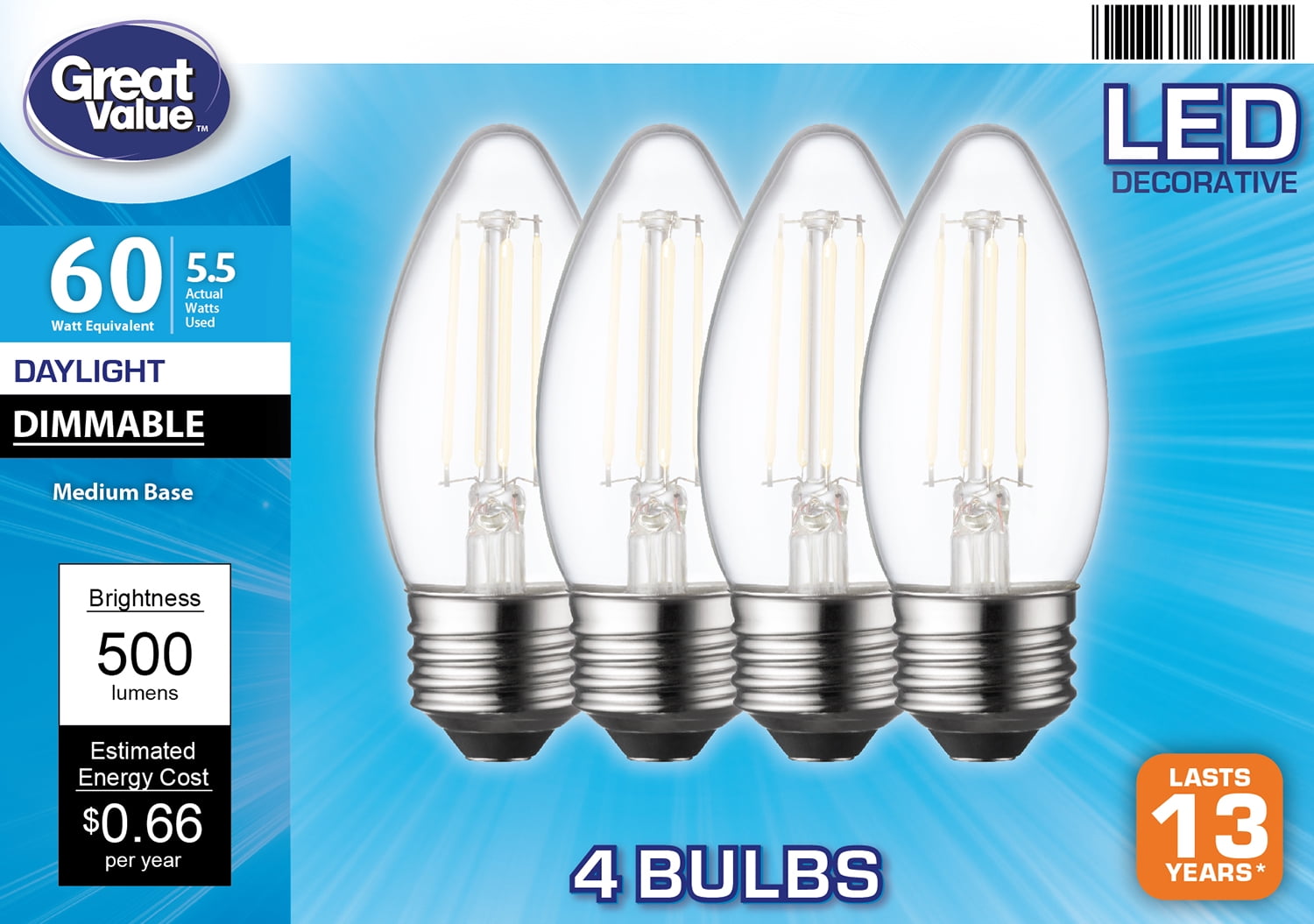 Great Value LED Light Bulb, 5.5 Watts (60W Equivalent) B10 Deco Lamp E26 Medium Base, Dimmable, Daylight, 4-Pack