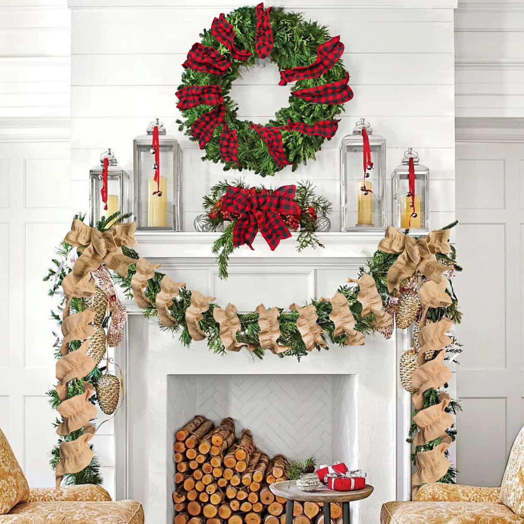 2 Rolls Christmas Tree Ribbon Garland Buffalo Plaid Christmas Decorations, Buffalo Check Fabric Tree Ribbon Garland for Xmas Holiday Home Decor(White & Black, 2.45in x 26.9ft)