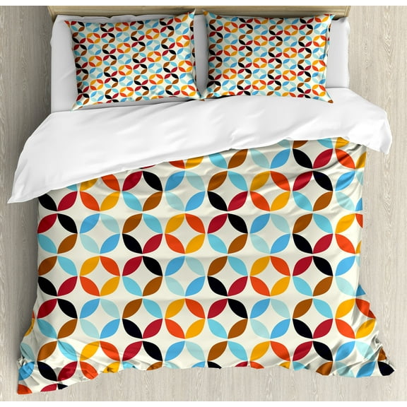 Geometric Circle Duvet Cover Set, Old-Fashion Bound Squaring Circle Forms in Different Tones Centre Image, Decorative 3 Piece Bedding Set with 2 Pillow Shams, King Size, Multicolor, by Ambesonne