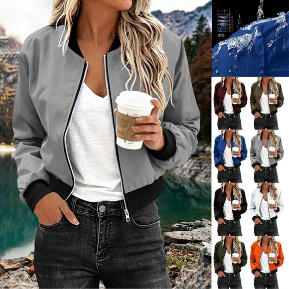 Puntoco Women's Water Resistant Zip Up Bomber Jacket, Lightweight Cropped Outdoor Windbreaker with Pockets