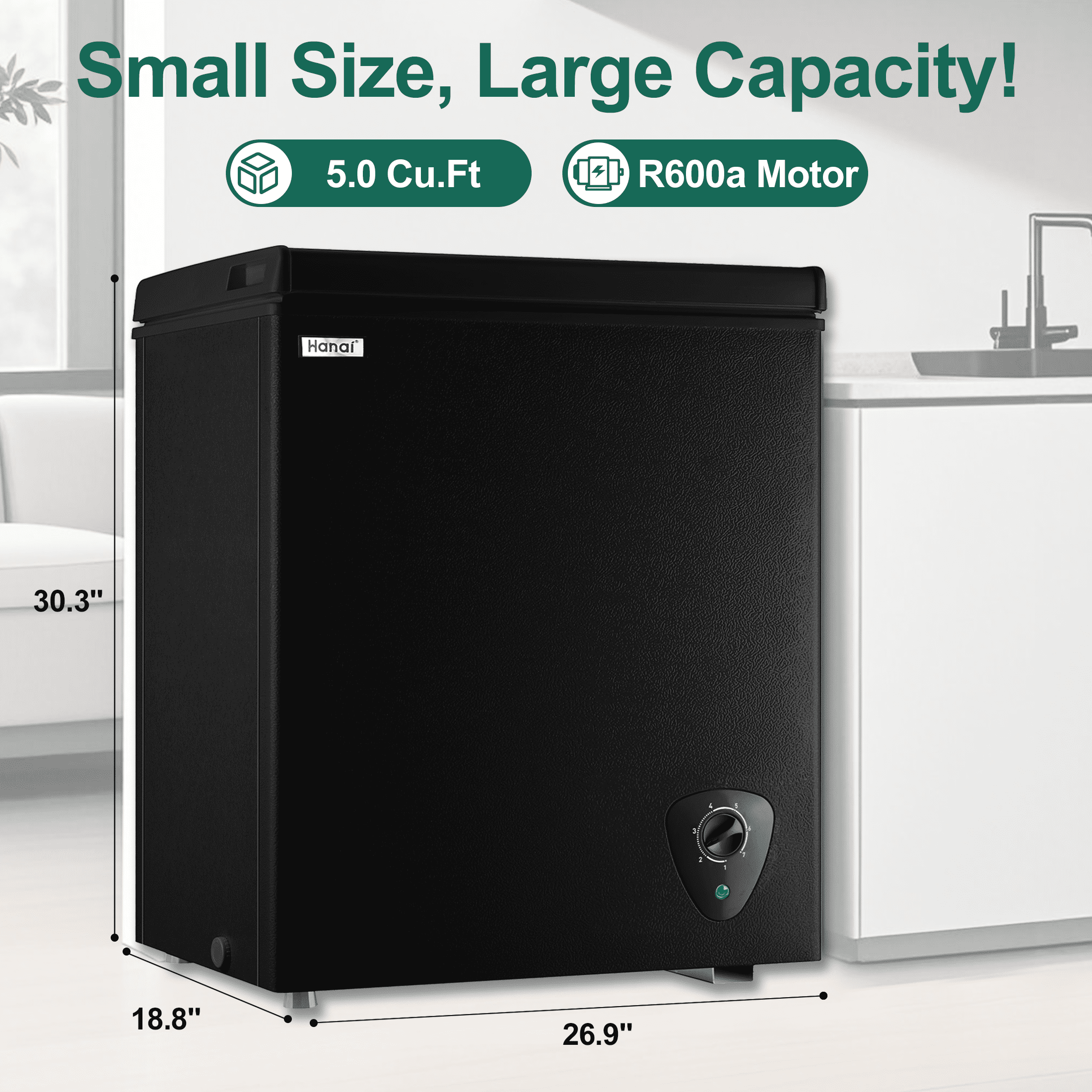 WANAI 5.0 Cu.Ft Black Deep Freezer, Compact Chest Freezer with Removable Basket, 7-Speed Temp Control, Energy Saving, Top Door Design for Kitchen Garage Office