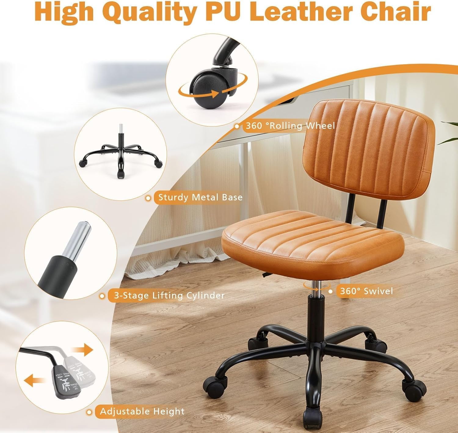 Armless Office Desk Chair with Wheels, Adjustable Height 360° Rolling Swivel Lumbar Support Low-Back Computer Chair, PU Leather, Brown