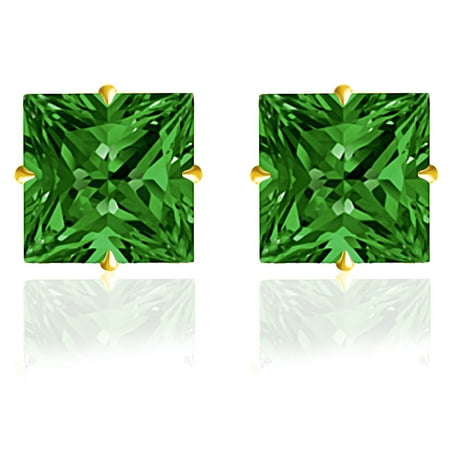14k Solid Cufflinks - Orchid Jewelry 14k Solid Yellow Gold 4 mm Princess-Cut Green Emerald CZ Stud Earrings