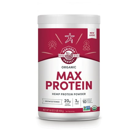 Manitoba Harvest Organic Max Protein Powder, Hemp Yeah! Hemp Protein Powder Unsweetened, 16 oz, 1 lb