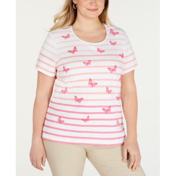 Karen Scott Plus Size Striped Printed T-Sh Coral Lining 0X